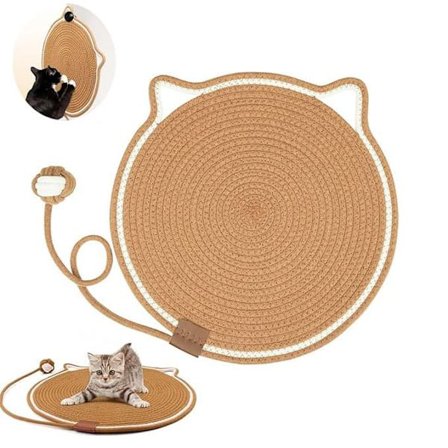 Kradsemåtte til Katte i Naturligt Rebsnor – Med Ørekrog & Legebold, Til Væg- & Gulvmontering