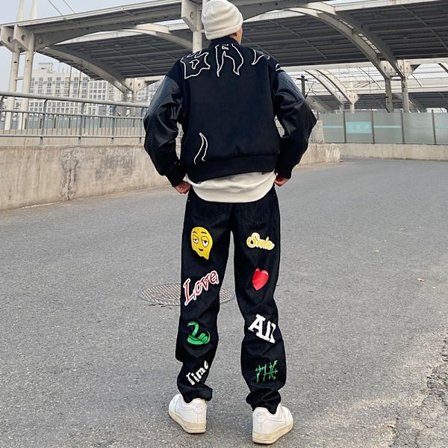 Print High Waist Wide Leg Jeans Long Denim Pants black 2xl