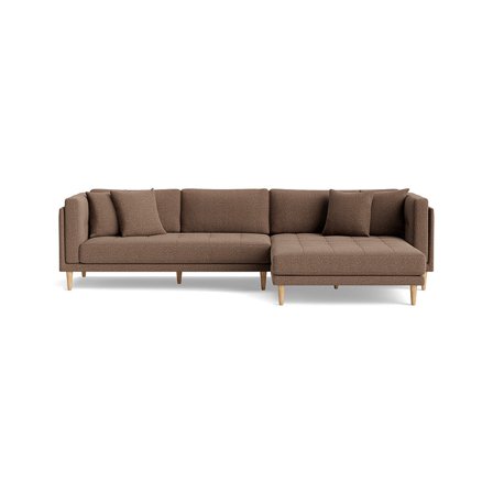 Cali Chaiselong Sofa, Højrevendt - Nordic Brun - 295x170x76cm - Bred Chaiselong til 2 Voksne, Bøgetræsben & 4 Pyntepuder Inkluderet