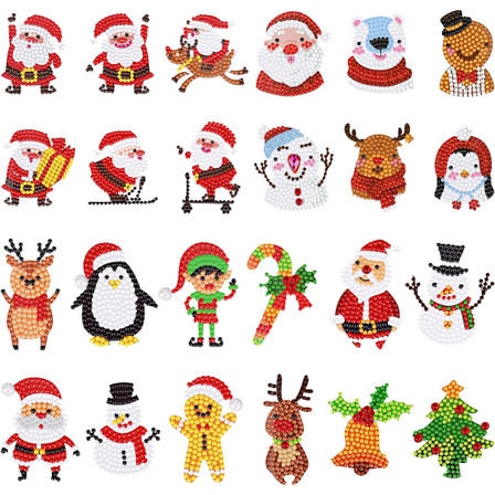 Hileyu 24 stk Diamantklistremerker 5D Diamantklistremerker for Barn DIY Julediamantmaling Klistremerker Diamantmalingssett Mosaikk