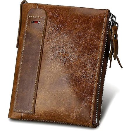 Herre Lommebok i Ekte Lær med RFID-Blokkering, Kredittkortlommebok/Stor Glidelås Myntlomme Gave