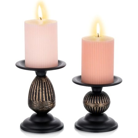 Set med 2 Retro Slitna Metall Ljusstakar Matt Svart Ljusstake Shabby Chic Centerpiece Ornament för Matbord Soffbord Spiselkrans