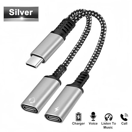 2-i-1 USB C till Dubbel USB C Hörlursuttag Adapter Typ C Laddning Audio Aux Adapter kompatibel iPhone 15 Samsung Huawei Xiaomi