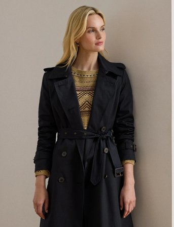 Lauren Ralph Lauren Double-Breasted Belted Trench Coat - Black - M