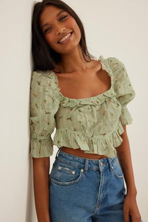 NA-KD Boho Haut structuré en coton bio - Hauts à manches bouffantes - Flower - EU 42