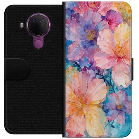 Yhteensopiva Lompakkokotelo Nokia Nokia 5.4 Vesivärimaalaus suurilla kukilla vaaleanpunaisissa, sinisissä ja keltaisissa sävyissä pehmeässä tait