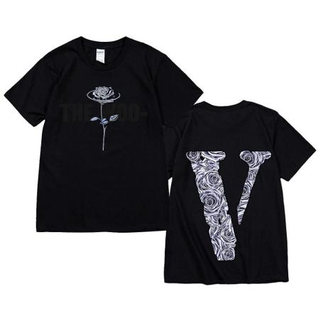 Vlone T-shirt Rose Letter Big V Print Fashion Casual Kortärmad Topp Svart M