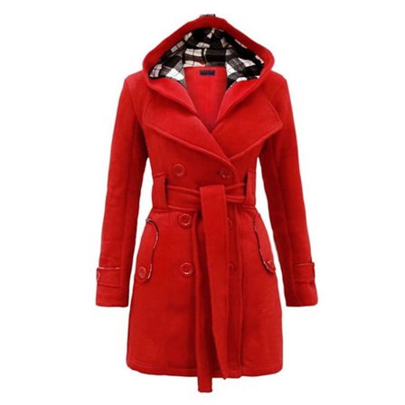 Dame Hoodie Frakk Dobbelspent Vinter Filt Lang Jakke Med Belte i Livet