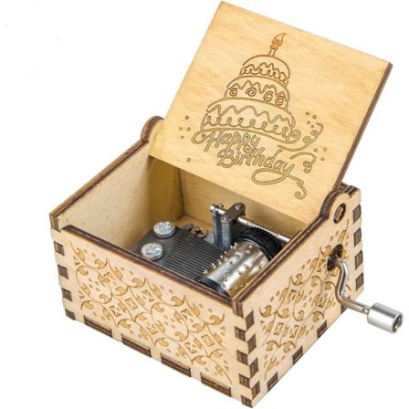 Musikkboks i tre med lasergravert design, Happy Birthday hånddrevet musikkboks uten batteri, håndlaget musikalsk gave til bursdag