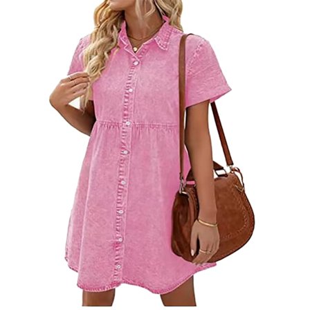 Kvinnors kortärmad knapp ned flytande våningsdocka denimklänning