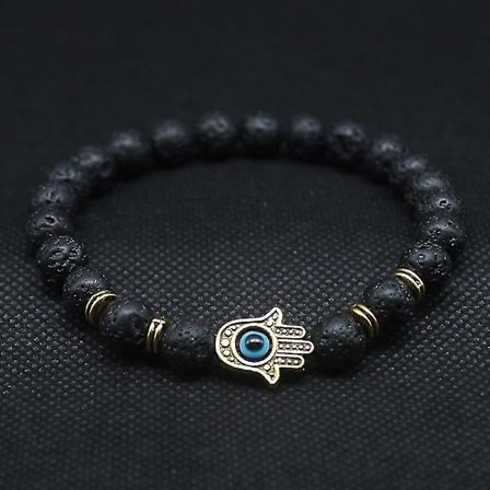 Guldfärgad Hand Of Fatima Hamsa Hand Armband Av Mala Black Lava Stone Evil Eye