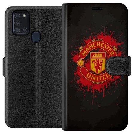 Kompatibelt Lommeboketui til Samsung Samsung Galaxy A21s Manchester United logo i rød og gul farge med røff sportslig bakgrunn