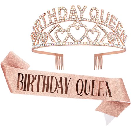 Roséguld Födelsedagskunginna AB Rhinestone Tiara och Sash - Födelsedagstiara och Sash Födelsedagsfavoriter Glitter Födelsedagsdekorationer för Kvinnor