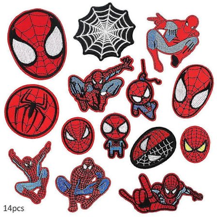 14 stk. Spider-Man-serien broderte merker, sy på eller stryk på dekorativt merkeapplikasjon for klær, kjole, hatt, jeans, veske, DIY-tilbehør