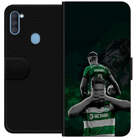 Yhteensopiva Lompakkokotelo Samsung Galaxy A11 Neonmotiivi, jossa teksti "Gaming is in my DNA" sinisenä ja punaisena tiiliseinällä, jossa loistava DNA