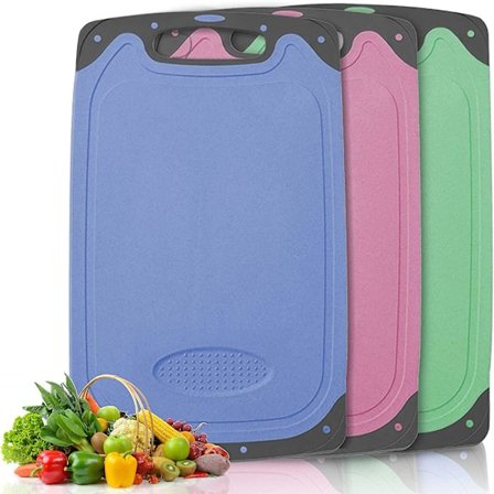 Skärbräda i plast, 3-pack, skärbrädor med saftfåra, 3 olika färger, liten ostbricka för grönsaker, kött, bröd