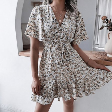 Kortermet V-hals blomstret plissert kjole med volanger for kvinner, A-linje, elegant trykk