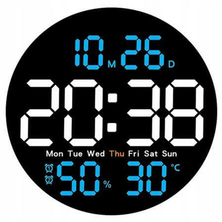 Elektroninen LED-seinäkello kaukosäätimellä, lämpötila, kosteus, päivämäärä, hälytys (LGL)