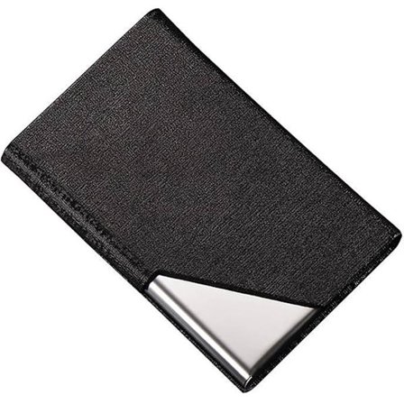 Svart - Visittkortholder i imitert skinn + rustfritt stål - for
