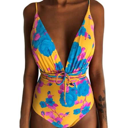 Kvinnor V-ringad One Piece Bikini Multi-Way Bandage Monokini Boho Floral Baddräkt
