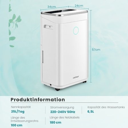 Avfuktare med 6,5 L vattentank för upp till 30 - 25 L / dag