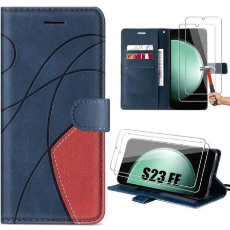 Fodral + 2 härdade glasögon för Samsung Galaxy S23 FE, Marinblått skarvat PU-läder (ej för S23)