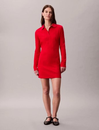 Calvin Klein Jeans Aop Jacquard Ls Polo Dress - Red - M