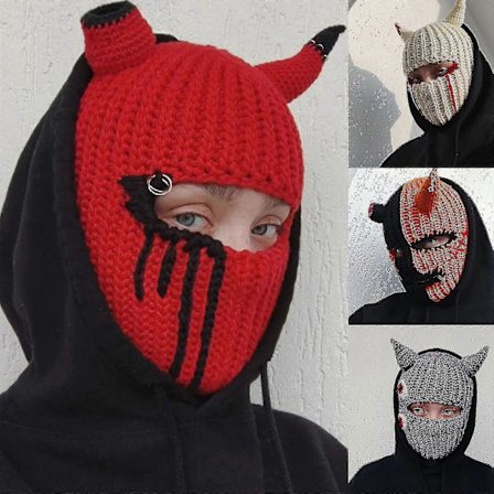 Stickad Mössa Helmask Ullmössa Hornmössa Balaclava Mössa För Halloweenfest