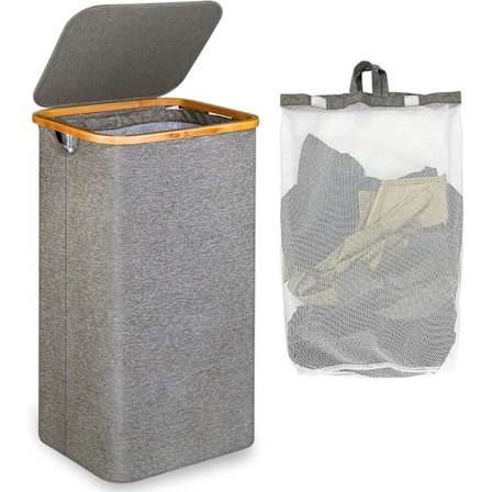 Stor vasketøjskurv med låg, 100L stor vasketøjskurv med bambushåndtag til tøj, stor XXL sammenklappelig vasketøjskurv med grå inderpose