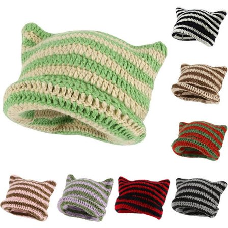 Dame Katt Beanie Strikkede Hatter Med Ører Strikkede Stripete Vinter Varme Slouchy Elastisk Lue For Jenter Voksne Barn grønn khaki