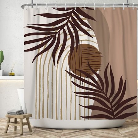 152x183cm Abstrakt Växt Duschdraperi med Krok, Akvarell Brun Palmblad Abstrakt Sol Badrumsgardin Mid Century Modern Duschdraperier
