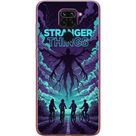 Yhteensopiva Puhelinkuori Xiaomi Xiaomi Redmi Note 9 Stranger Things -inspiroitunut fantasiaillustraatio, jossa on tumma hirviö, pyöräilevät lapse
