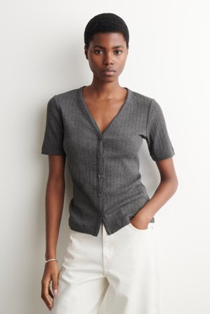 COS Damen Kurzärmlige Strickjacke Aus Pointelle-Strick - Grau