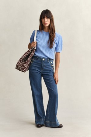 GANT Damen Kurzarmpullover aus Baumwolle mit Zopfmuster (M) Blau