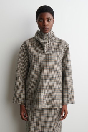 COS Women's Checked Double Faced Wool Scarf Blouse in Beige