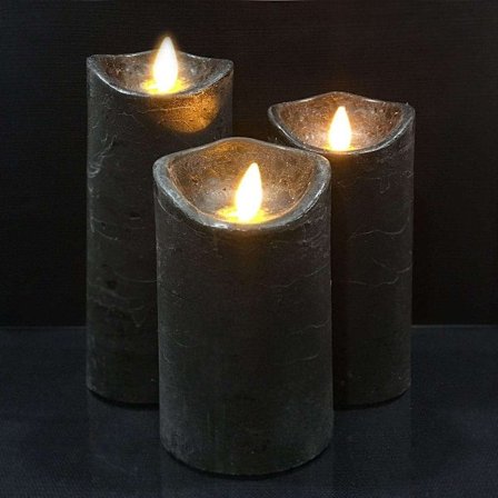 LED bloklys - rustik - 3 stk. - 10/12,5/15 cm - med 3D flamme - (flere farver)