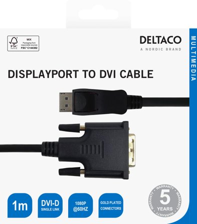 Deltaco DisplayPort - DVI-D Single Link cable, 1080p 60Hz, 1m, black
