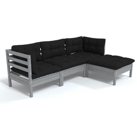 Vidaxl Loungegrupp Med Dynor 4 Delar Grå Massiv Furu Grå