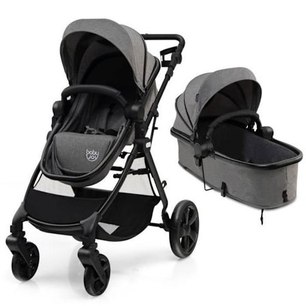 COSTWAY 4 hjul 2 i 1 hopfällbar barnvagn-Justerbar markis och ryggstöd-Lätt bilbarnstol-Förvaringskorg-6-36 månader-15kg-Grå