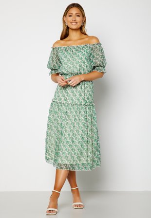 Bubbleroom Occasion Freeda Printed off Shoulder Dress Green / Floral Klær