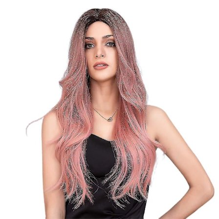 Langt, bølgete parykk for kvinner i svart og rosa med sideskill - Syntetisk parykk for fest og hverdag