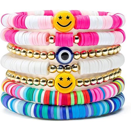7 stk. armbåndssæt farverigt preppy glad smil ondt øje perler stretch ler stablet boho skive Y2K