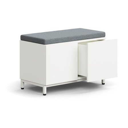 Drawer storage bench QBUS, leg frame, push-open, 534x800x420 mm, white, grey cushion