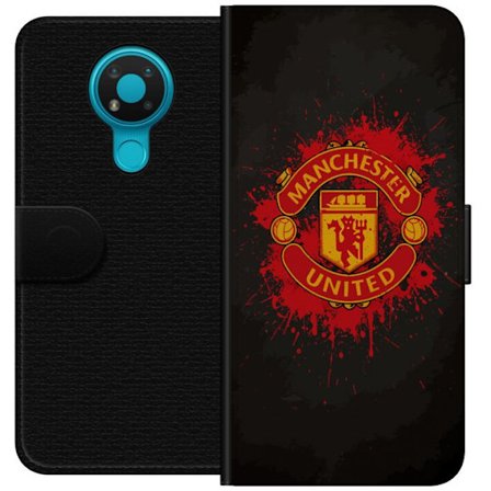 Yhteensopiva Lompakkokotelo Nokia Nokia 3.4 Manchester United logo punaisella ja keltaisella värillä, raikas urheilullinen tausta