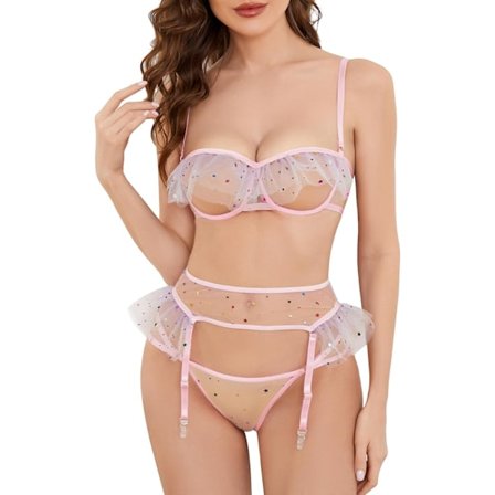osy Sexy Underwire Fargerik Kawaii Søt Gjennomsiktig Strømpebånd Lingerie Sett BH og Truser 3 Deler Stjernetrykk Rosa X-Large