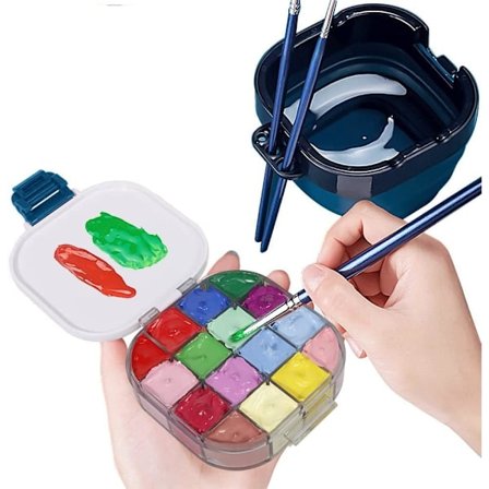 Matkamaalauspaletti kokoontaitettavalla siveltimenpesurilla, kannettava 3 in 1 16-paikkainen ilmatiivis maalausalusta siveltimenpuhdistajalla ja 