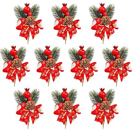 Sett med 20 kunstige furunåler med røde kongler, stilker med sløyfe for juletrepynt