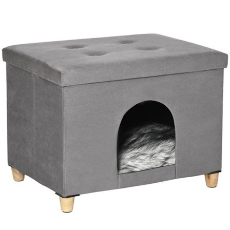 Rootz Cat Cave - Kissan talo - Kissan kori - 2-in-1 Cat Cave - Tyynyllä - Puiset jalat - Harmaa - 60 x 45 x 44,5 cm