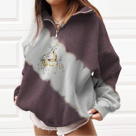Kvinnor Print T-shirt Dragkedja Color Block Christmas Sweatshirt