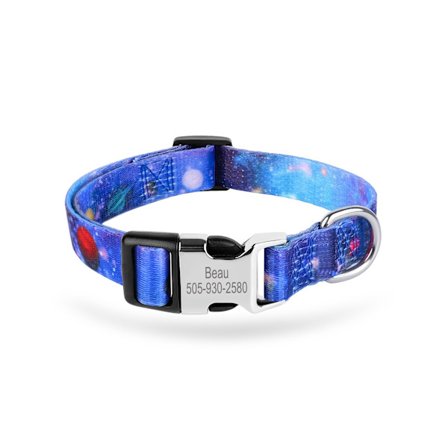 (Brugerdefineret) Laserindgraveret metalspænde hundehalsbånd, information der kan tilpasses, forskellige trendy prints, justerbar størrelse, egnet til